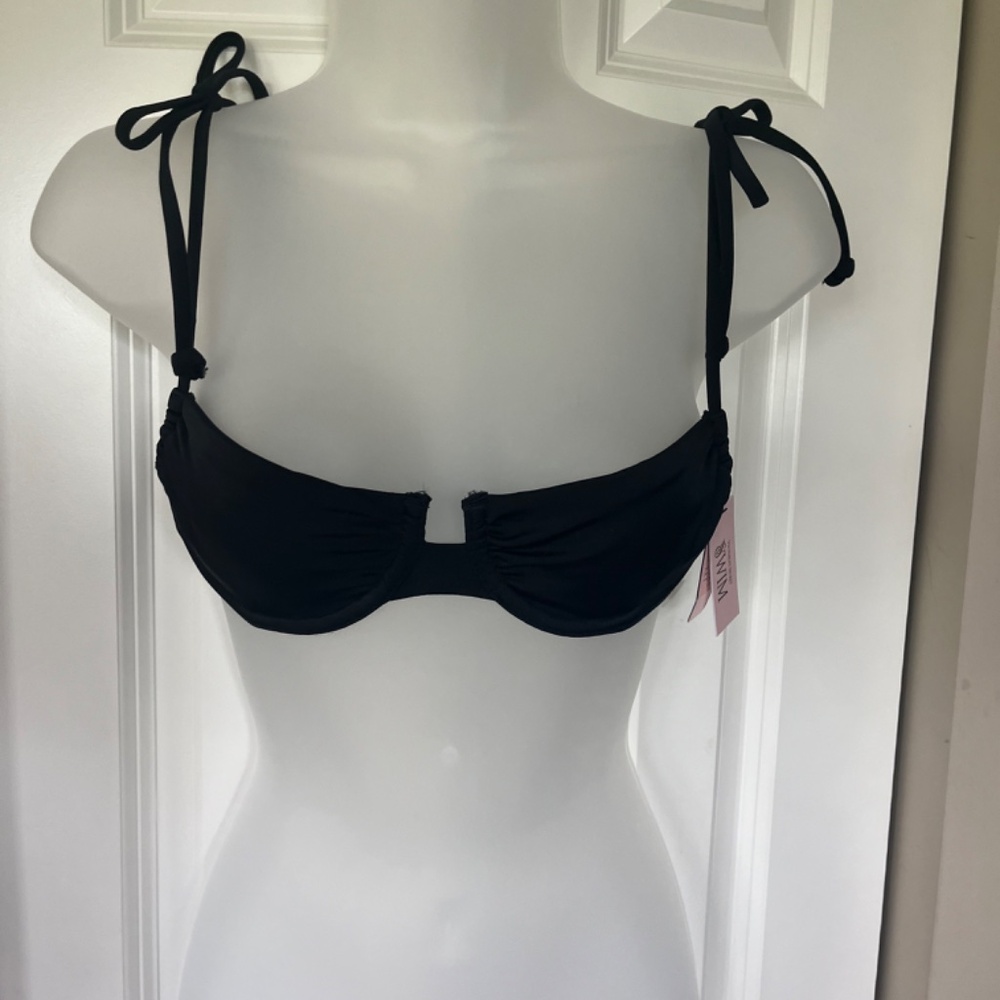 NWT Victoria's Secret Swim black underwire bikini top, adjustable tie straps 32A